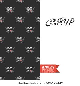 Chalkboard style greeting card for outdoor celebrations or wedding, inspired by eco forest symbolism. Seamless pattern with on one side. On another inscription: rsvp. Vector template.
