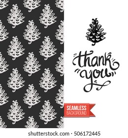 Chalkboard style greeting card for outdoor celebrations or wedding, inspired by eco forest symbolism. Seamless pattern with on one side. On another inscription: thank you. Vector template.