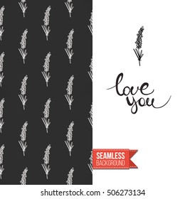 Chalkboard style greeting card for outdoor celebrations or wedding, inspired by eco forest symbolism. Seamless pattern with on one side. On another inscription: love you. Vector template.