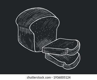 Chalkboard style hand drawn bread illustration. Vector black and white sketch.  A french toast bread doodle illustration on blackboard. Bakery interior or menu design, wallpaper or for any other use.