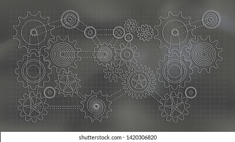 Chalkboard style mixed with paper cut technique. Gears and cogs system. EPS10, Vector, Illustration. Size ratio 1920x1080 px.