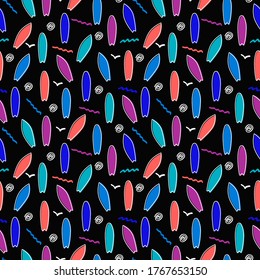 Chalkboard style pattern of colorful surf boards doodle party. Vector seamless pattern design for textile, fashion, paper and wrapping.