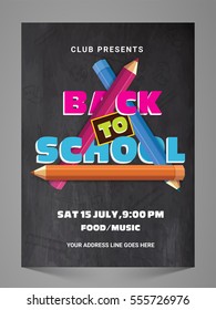 Chalkboard Style Poster, Banner, Flyer Or Pamphlet With Colorful Educational Supplies Pencils For Back To School Concept.