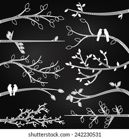 Chalkboard Style Tree Branch Silhouettes with Birds Vectors