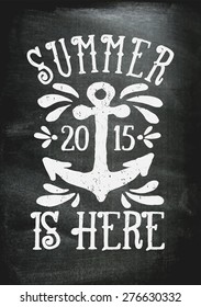 Chalkboard style typographic design poster. "Summer is Here" hand drawn text and anchor on a chalkboard background.