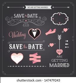 Chalkboard style wedding design and decorative elements, vintage banner, ribbon, labels, frames, badge, stickers. Vector love element. 