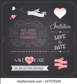 Chalkboard style wedding design and decorative elements, vintage banner, ribbon, labels, frames, badge, stickers. Vector love element. 