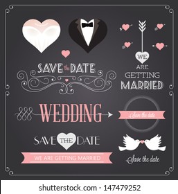 Chalkboard style wedding design and decorative elements, vintage banner, ribbon, labels, frames, badge, stickers. Vector love element. 