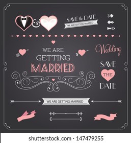 Chalkboard style wedding design and decorative elements, vintage banner, ribbon, labels, frames, badge, stickers. Vector love element. 