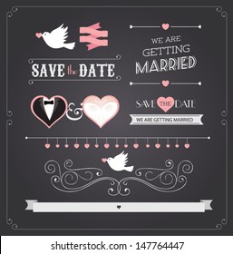 Chalkboard style wedding design and decorative elements, vintage banner, ribbon, labels, frames, badge, stickers. Vector love element. 