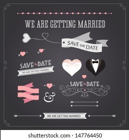 Chalkboard style wedding design and decorative elements, vintage banner, ribbon, labels, frames, badge, stickers. Vector love element. 