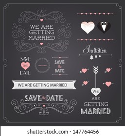 Chalkboard style wedding design and decorative elements, vintage banner, ribbon, labels, frames, badge, stickers. Vector love element. 