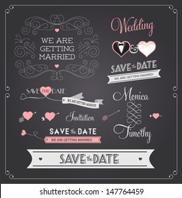 Chalkboard Style Wedding Design And Decorative Elements, Vintage Banner, Ribbon, Labels, Frames, Badge, Stickers. Vector Love Element. 