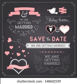 Chalkboard style wedding design and decorative elements, vintage banner, ribbon, labels, frames, badge, stickers. Vector love element.