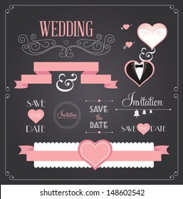 Chalkboard style wedding design and decorative elements, vintage banner, ribbon, labels, frames, badge, stickers. Vector love element.