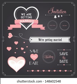 Chalkboard style wedding design and decorative elements, vintage banner, ribbon, labels, frames, badge, stickers. Vector love element.