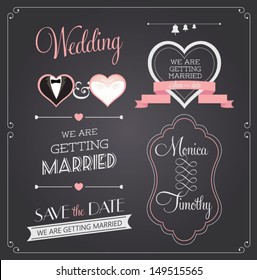 Chalkboard style wedding design and decorative elements, vintage banner, ribbon, labels, frames, badge, stickers. Vector love element.