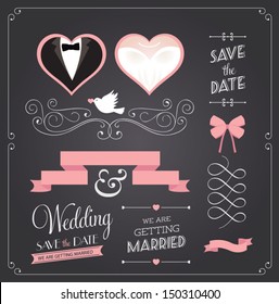Chalkboard style wedding design and decorative elements, vintage banner, ribbon, labels, frames, badge, stickers. Vector love element. 