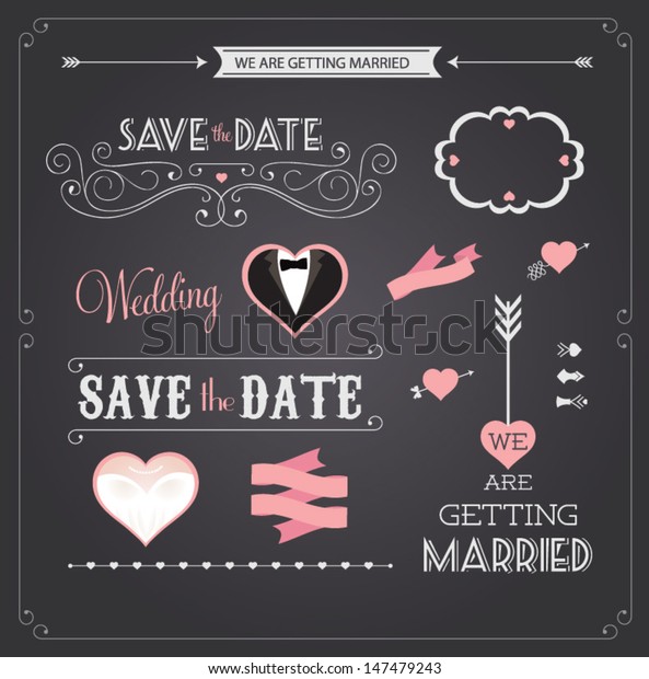 Chalkboard style wedding design and decorative elements,
vintage banner, ribbon, labels, frames, badge, stickers. Vector
love element. 