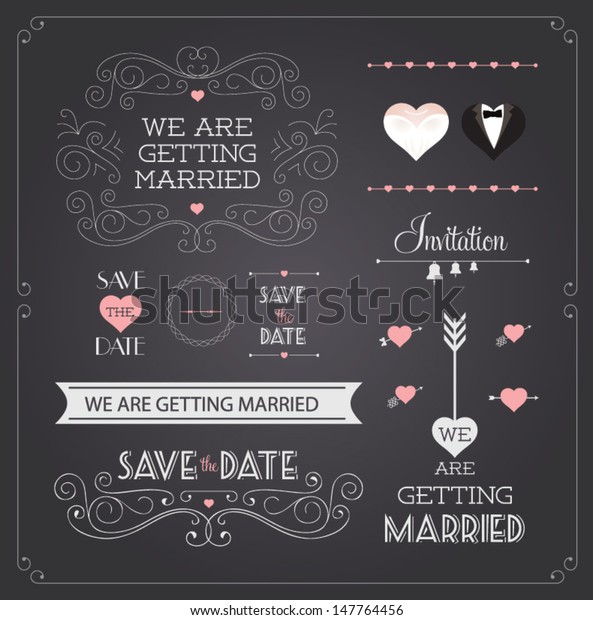 Chalkboard style wedding design and decorative elements,
vintage banner, ribbon, labels, frames, badge, stickers. Vector
love element. 