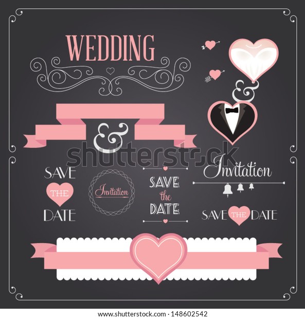 Chalkboard style wedding design and decorative
elements, vintage banner, ribbon, labels, frames, badge, stickers.
Vector love
element.