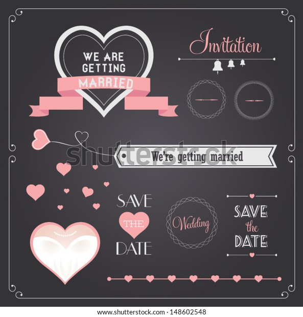 Chalkboard style wedding design and decorative\
elements, vintage banner, ribbon, labels, frames, badge, stickers.\
Vector love\
element.
