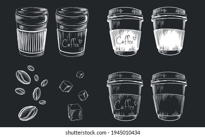 Chalkboard Take away coffee cups set Vector design elements. Doodle sketch chalk vintage paper cups of coffee takeaway Menu for restaurant, cafe, bar, coffeehouse. Sugar cubes Coffee beans. Blackboard