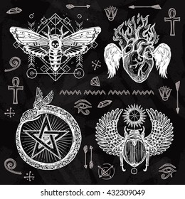 Chalkboard tattoo set butterfly burning heart snake circled with star and scarab with wings isolated vector illustration