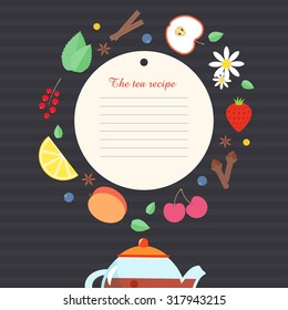 Chalkboard tea recipe. Vector template with fruits, berries and spice icons. Flat design perfectly for magazines, flyers and restaurant newsletters. Simple tea infographic.