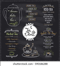 Chalkboard tea time menu list designs set for cafe or restaurant. Herbal tea, iced and detox tea, hand drawn illustration