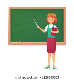 Chalkboard and teacher. Female professor teach at blackboard. Lessons young woman teachers character at school board teaching people on lesson classroom colorful cartoon isolated vector illustration