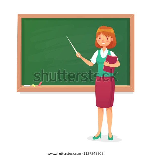 黒板と先生 女性の教授は黒板で教えている 教室で教える若い女性の教師のキャラクターが 授業教室で教えるカラフルな漫画の分離型ベクターイラストを使って 教える のベクター画像素材 ロイヤリティフリー