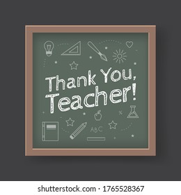 A chalkboard with the text Thank you teacher written in it. Greeting card for World teacher's day concept.