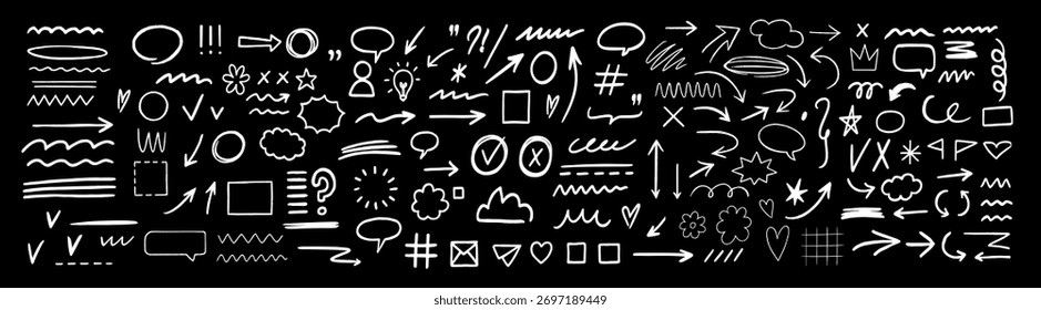 Chalkboard texture brush stroke square, spiral, arrow element scribble line hand drawn sketch design. 
