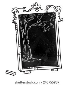 Chalkboard with a tree. Hand drawn. Vector signboard.