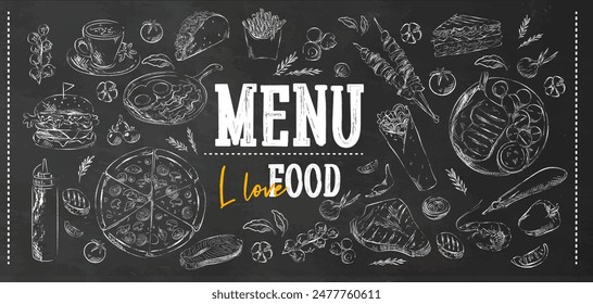 Chalkboard with various food sketches, dark background. Menu cover concept. Vector illustration