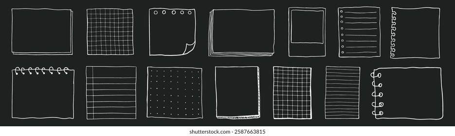 Chalkboard with various hand-drawn notebook sketches. Different notebook styles, pages, and bindings. Chalkboard sketches of notebooks in various designs. Hand drawn illustrations, vector set.