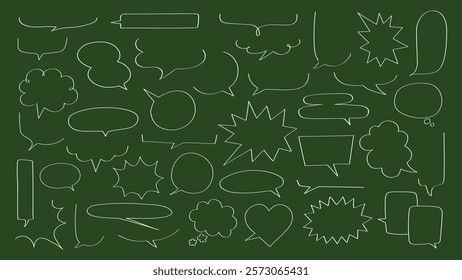 Chalkboard with various speech bubbles, thought bubbles, and dialogue shapes. Speech in different styles, thought bubbles in creative designs, dialogue. Message illustration vector.