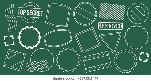 Chalkboard with various white chalk shapes: circles, squares, triangles. Top secret and approved stamps. Chalkboard shapes, chalkboard designs, chalkboard art. Colorful stamps, element vector set