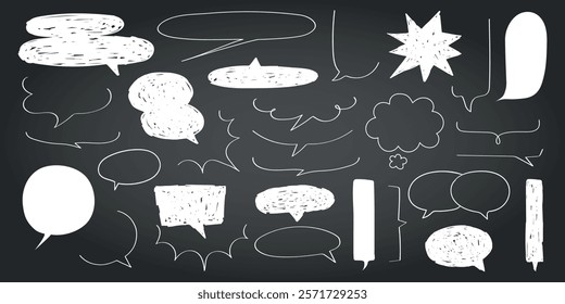 Chalkboard with various white speech bubbles. Speech bubbles of different shapes. Hand-drawn speech bubbles on a black background. Doodle-style speech bubbles. Message illustration vector.