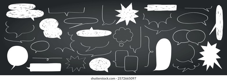 Chalkboard with various white speech bubbles. Speech bubbles of different shapes. Speech bubbles drawn in chalk. Speech bubbles on a blackboard. Message illustration vector.