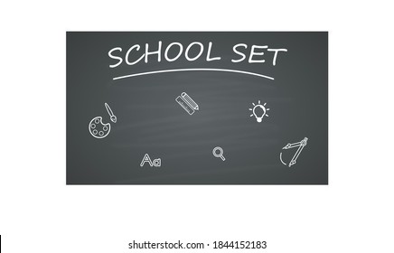 Vector de pizarra. Plantilla de tablero de fondo negro para clases escolares. Pizarra en blanco, superficie para el aviso del profesor. Textura de pizarra escolar. Iconos de ilustración vectorial establecidos.