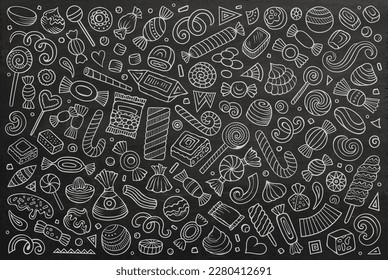 Chalkboard vector doodle cartoon set of Candies theme items, objects and symbols