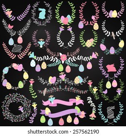 Chalkboard Vector Easter Laurels, Wreaths and Floral Decorations