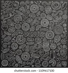 Chalkboard vector hand drawn doodle cartoon set of Donuts objects and symbols