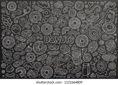 Chalkboard vector hand drawn doodle cartoon set of Donuts objects and symbols