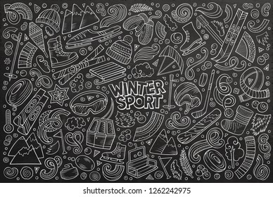 Chalkboard vector hand drawn doodle cartoon set of Winter sports objects and symbols