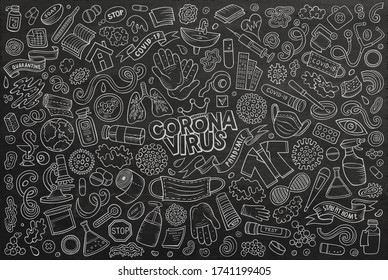 Chalkboard vector hand drawn doodle cartoon set of Cronavirus theme items, objects and symbols