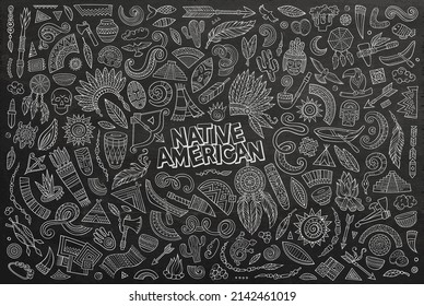 Juego de dibujos animados de dibujos a mano de vectores de tablero de chalkboard de objetos, objetos y símbolos del tema de los nativos estadounidenses