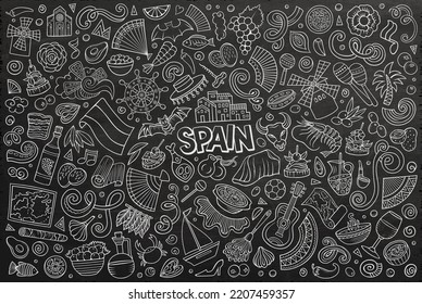 Chalkboard vector hand drawn doodle cartoon set of Spain theme items, objects and symbols